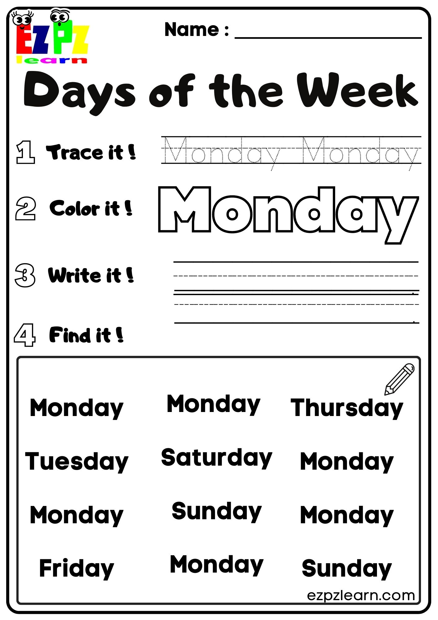 Monday Days of the Week Kids Activity - Ezpzlearn.com